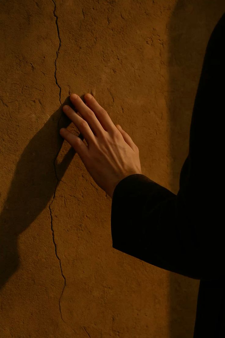 Hand die een gebarsten, warmbruin verlichte muur aanraakt, waarbij de scheur langs de hand naar beneden loopt.